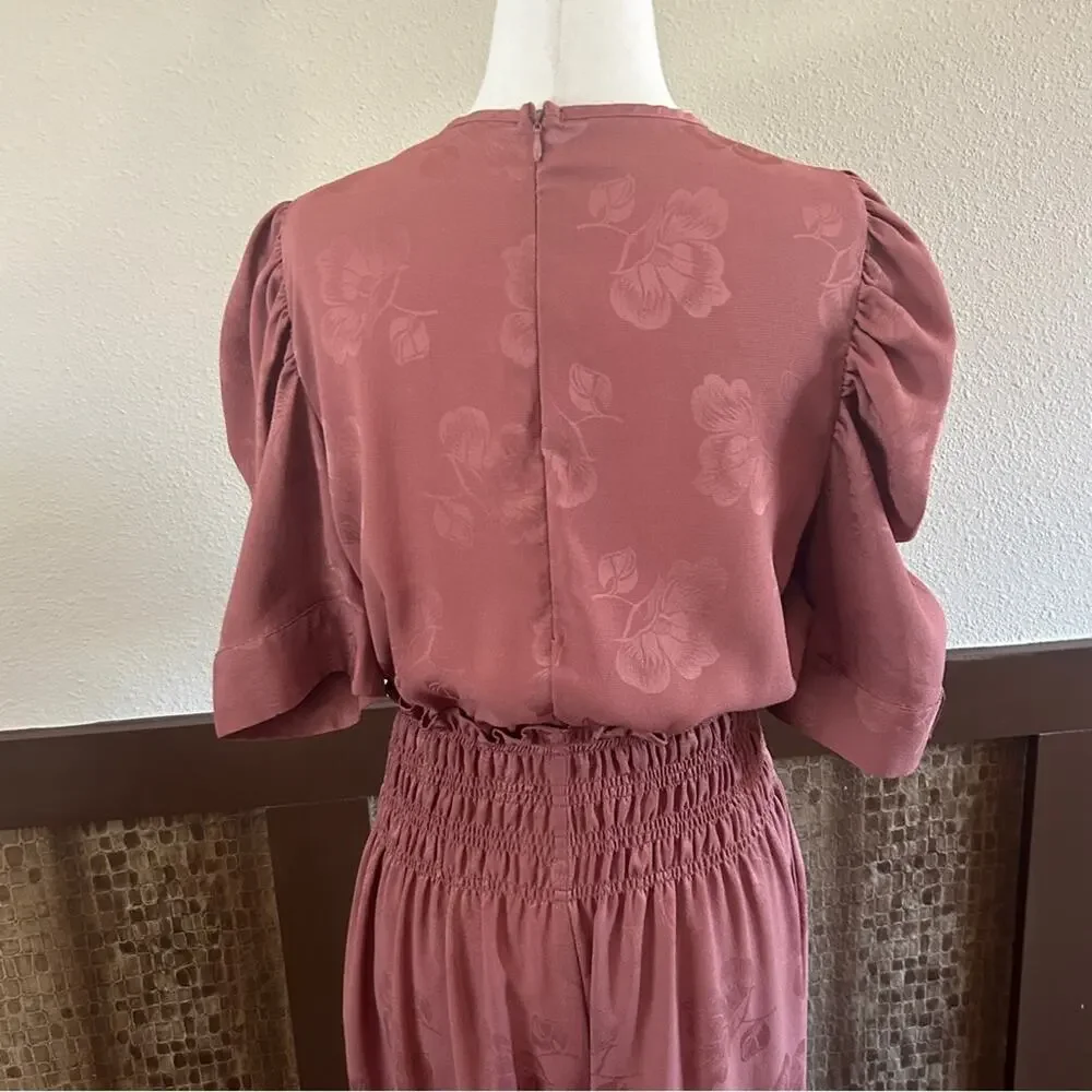 Anthropologie Castille Satin Jacquard Wide Leg Jumpsuit in Rose/Brown Sz Small